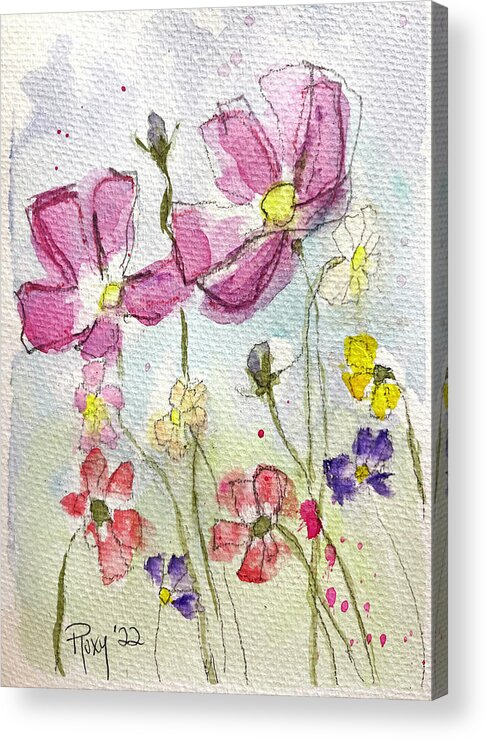 Pink Cosmos Acrylic Print featuring the painting Pink Cosmos by Roxy Rich