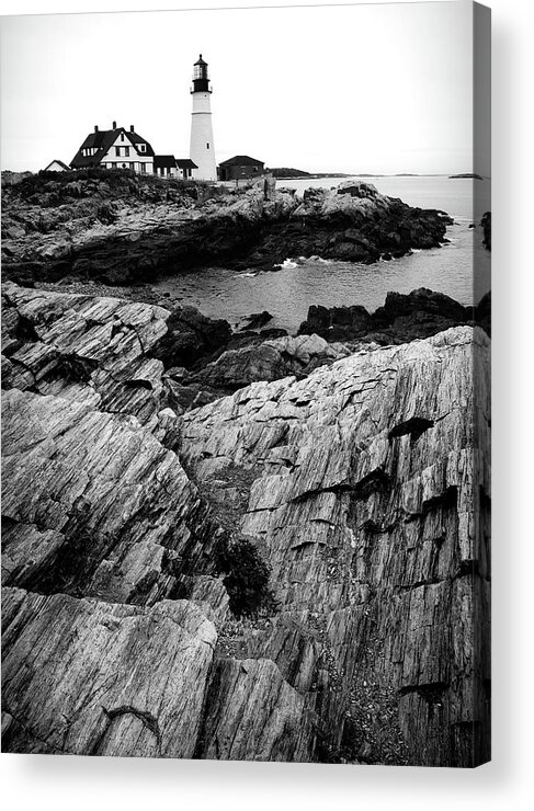 Portland Head Light Rocks Black And White Acrylic Print featuring the photograph Portland Head Light Coast Black And White by Dan Sproul