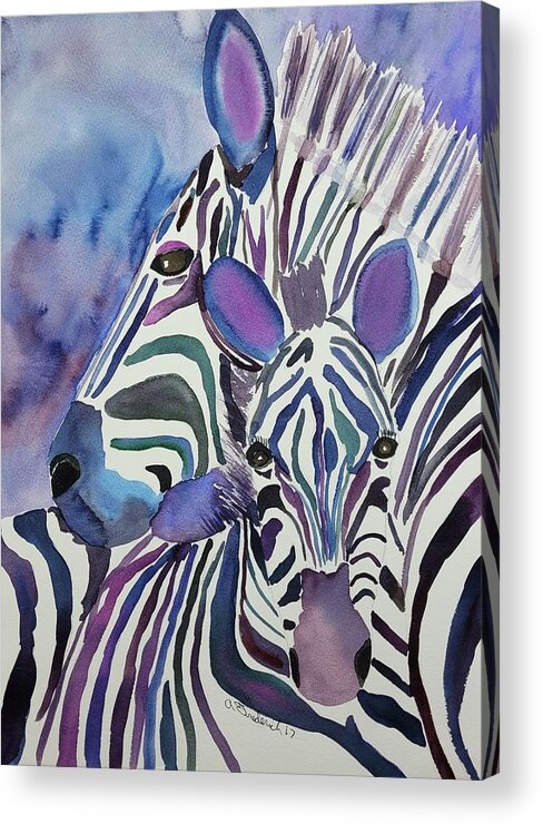 Zebras Acrylic Print featuring the painting Purple Zebras by Ann Frederick