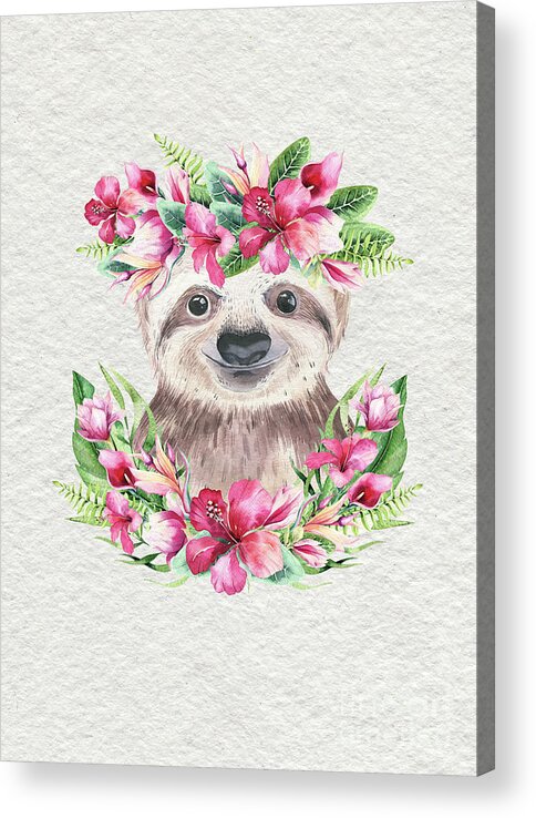 Sloth With Flowers Acrylic Print featuring the painting Sloth With Flowers by Nursery Art