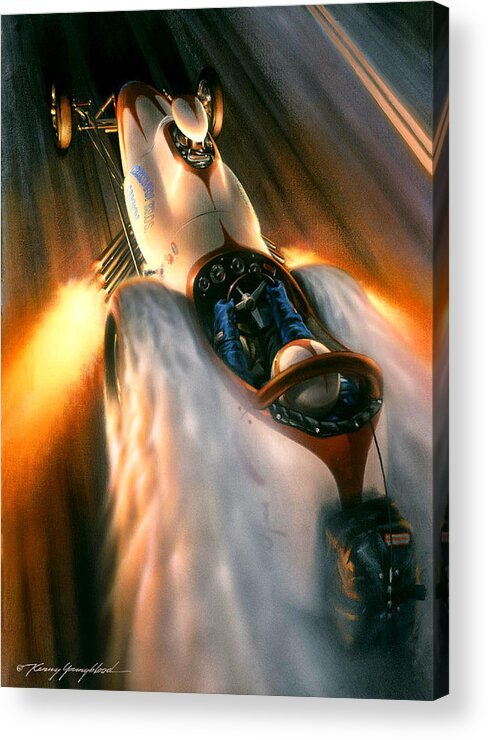 Drag Racing Nhra Top Fuel Funny Car John Force Kenny Youngblood Nitro Champion March Meet Images Image Race Track Fuel Art Chrisman March Meet Bakersfield Drags Acrylic Print featuring the painting The Hustler by Kenny Youngblood