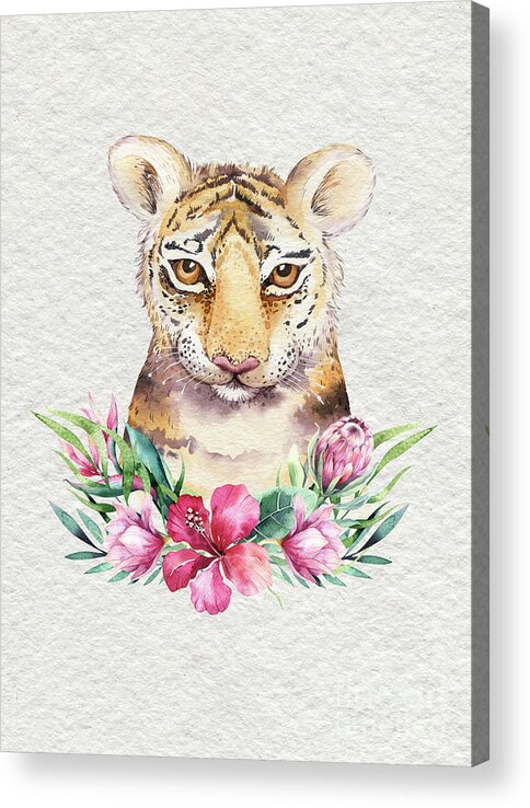 Tiger With Flowers Acrylic Print featuring the painting Tiger With Flowers by Nursery Art