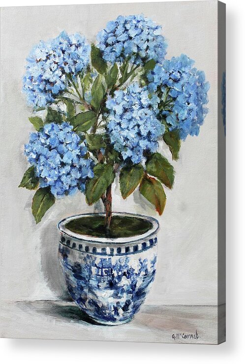 Blue Acrylic Print featuring the painting Topiary Hydrangeas in Blue and White by Gail McCormack