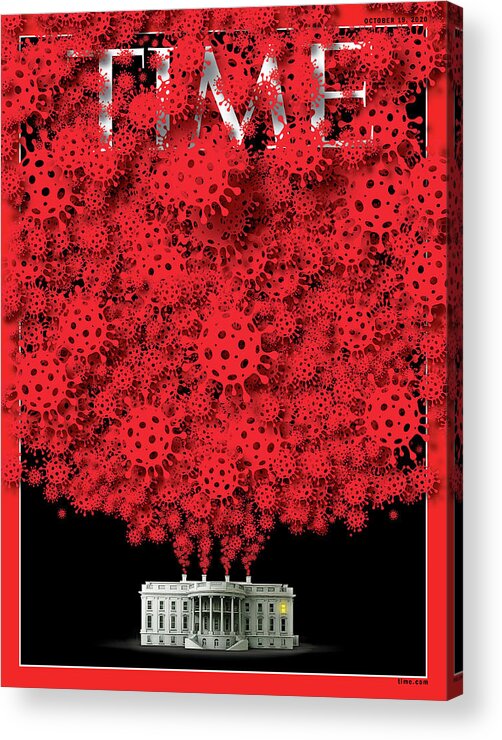 President Donald Trump Acrylic Print featuring the photograph Trump Covid White House by Time Illustration - viral cell icon - bgblue Getty Image