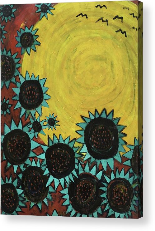 Sun Acrylic Print featuring the painting Turquoise Sunflowers by Cyndie Katz