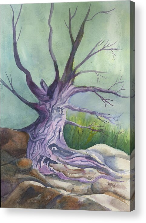 Twisted Snarly Tree In A Bed Of Rocks Acrylic Print featuring the painting Twisted by Martha Lancaster