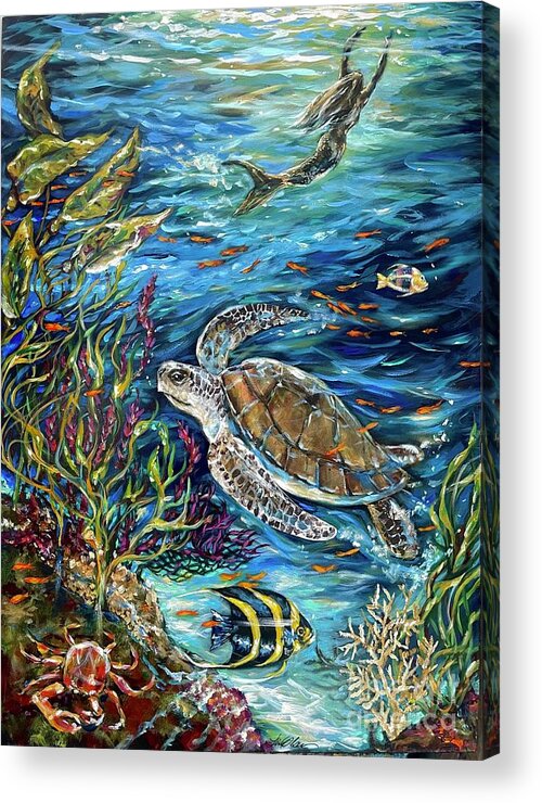 Sea Turtle Acrylic Print featuring the painting Underwater Friends by Linda Olsen