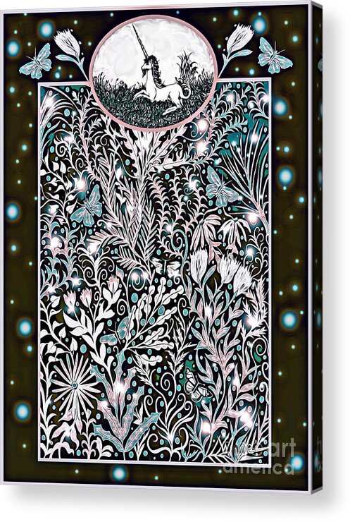Unicorn Acrylic Print featuring the digital art Unicorn Garden Tapestry design in black, pink and light green by Lise Winne