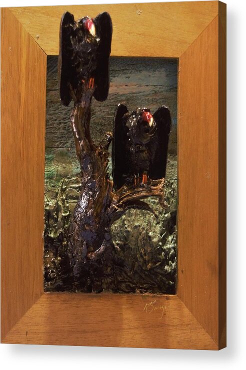 Perched Vultures Acrylic Print featuring the mixed media Vultures Projecting from Frame by Roger Swezey
