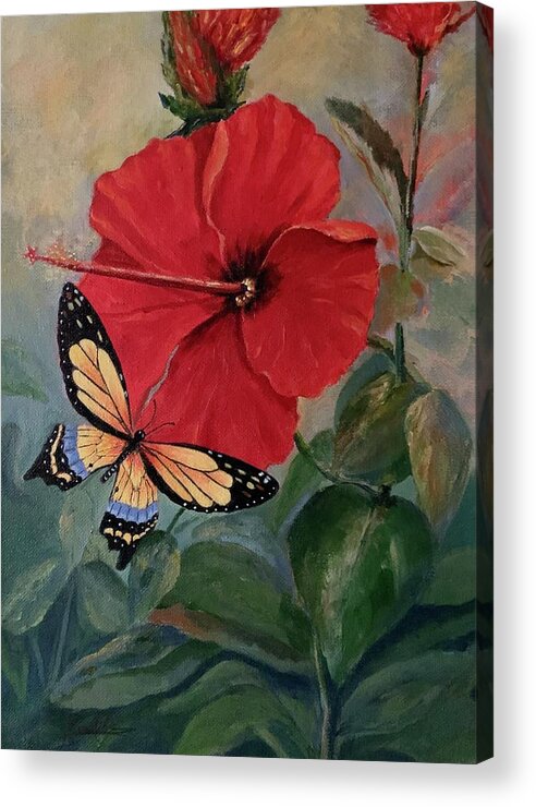 Hibiscus Acrylic Print featuring the painting Friendly Encounter by Jane Ricker
