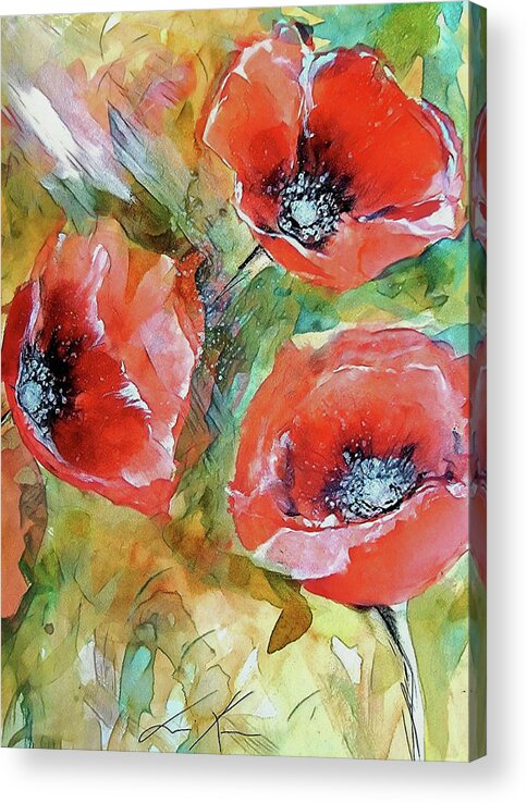 Poppy Acrylic Print featuring the painting Warm Windy Poppy Watercolour by Lisa Kaiser