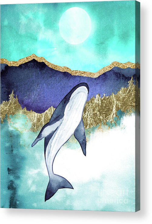 Blue Whale Acrylic Print featuring the painting Whale And Moon by Garden Of Delights