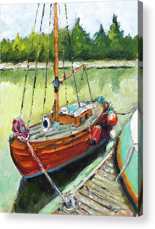 Sailboat Acrylic Print featuring the painting Wooden Sailboat at Toledo 2 by Mike Bergen