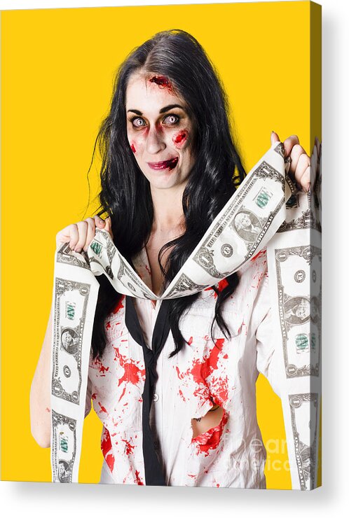 Zombie Acrylic Print featuring the photograph Zombie banker with forged american dollars by Jorgo Photography