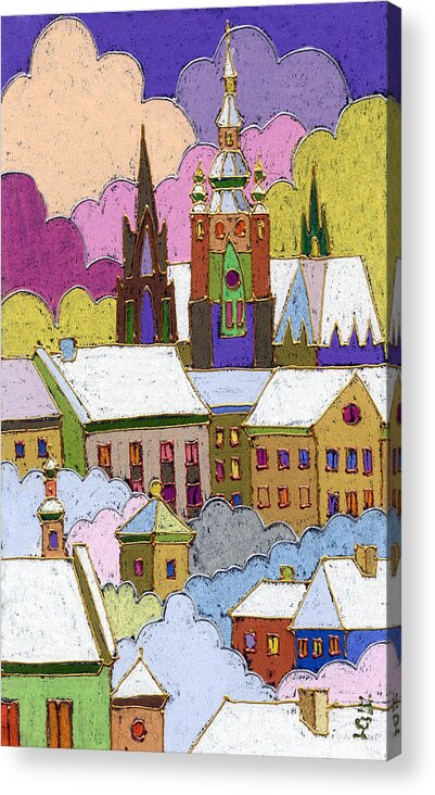 Pastel Acrylic Print featuring the painting Prague Old Roofs Prague Castle Winter by Yuriy Shevchuk