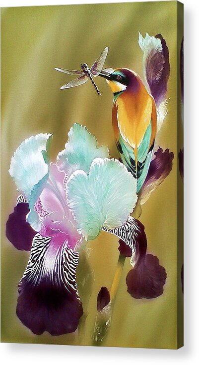 Russian Artists New Wave Acrylic Print featuring the painting Iris and Bee-eater Bird with Dragonfly by Alina Oseeva