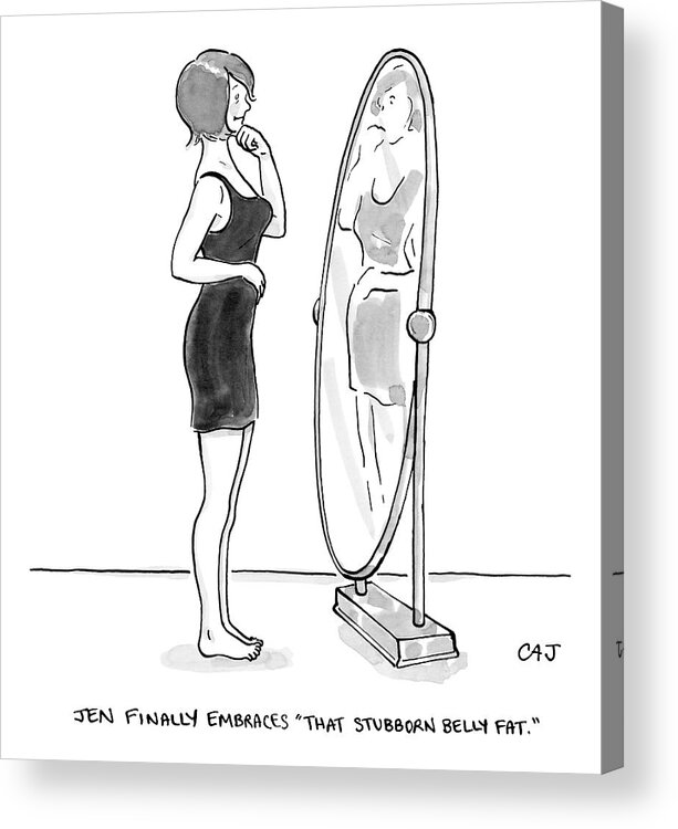 Mirror Acrylic Print featuring the drawing A Young Woman Stands Facing A Full-length Mirror by Carolita Johnson