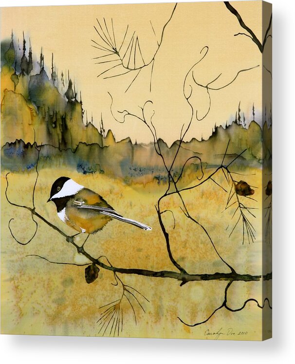 Chickadee Acrylic Print featuring the tapestry - textile Chickadee In Dancing Pine by Carolyn Doe