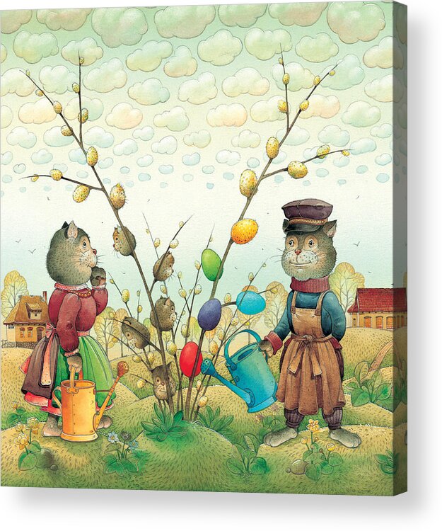 Easter Eggs Green Spring Cats Landscape Acrylic Print featuring the painting Eastereggs 05 by Kestutis Kasparavicius
