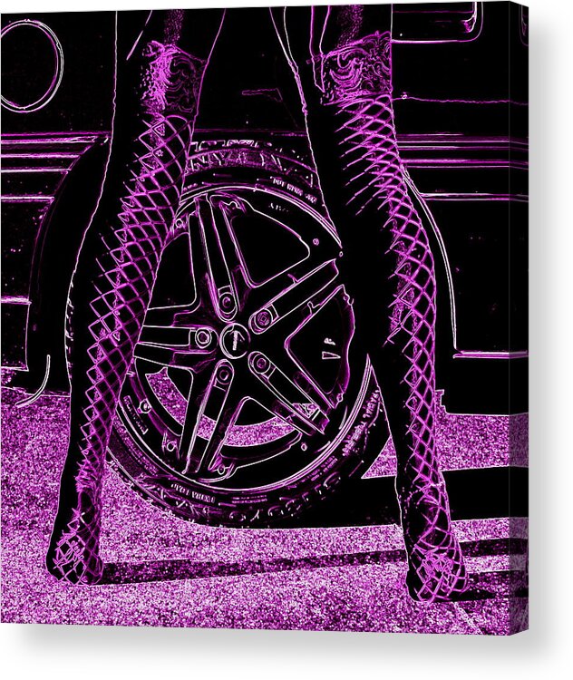 Legs Car Wheel Stockings Fishnet Purple Hot Babe Sexy Lace Nylon Fetish Feet Glamour Speed V8 Holden Momo Neon Girl Acrylic Print featuring the photograph Faster in fishnets by Guy Pettingell