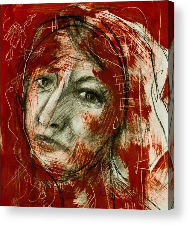 Portrait Acrylic Print featuring the painting Female head with red background by Maxim Komissarchik
