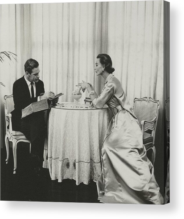 Fashion Acrylic Print featuring the photograph Model And Peter Pagan Looking At A Dictionary by Karen Radkai