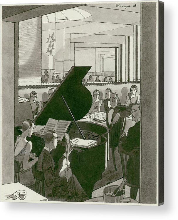 Illustration Acrylic Print featuring the digital art Musicians Entertain Patrons by Pierre Mourgue