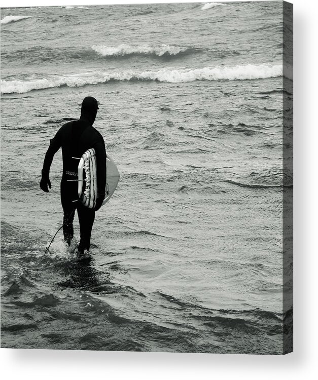  Sport Surfer Wave Surfboard Surfing Activity Water Man Surf Board Sea Ocean Adult Fun Summer Holiday Blue Person Beach Outdoors Young Action Lifestyle Body Day Male Woman People Illustration Black And White James Canning Fine Art Acrylic Print featuring the photograph On my way by James Canning