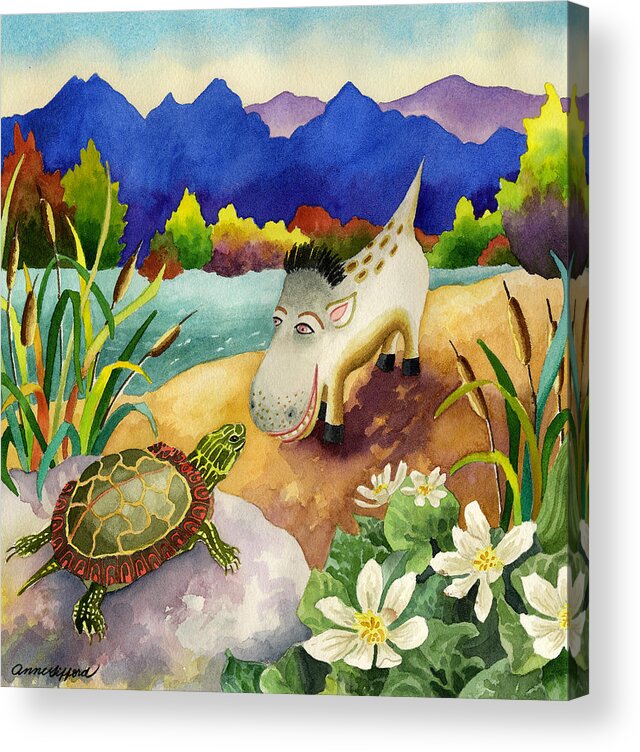 Spike The Dhog Painting Acrylic Print featuring the painting Spike the Dhog Comes Nose to Nose with a Painted Turtle by Anne Gifford