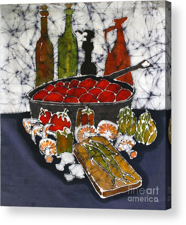 Mushrooms Acrylic Print featuring the tapestry - textile Still Life with Garden Bounty and Fish by Carol Law Conklin