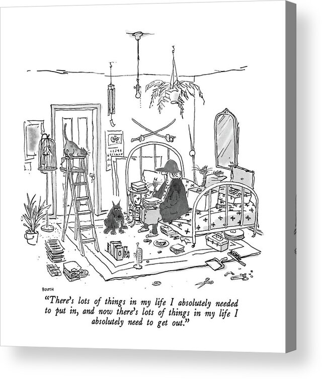 Old Lady With Baseball Cap To Her Many Pets As She Sits On The Bed In Her Apartment. Her Junk Has Been Neatly Lined Up. Interiors Acrylic Print featuring the drawing There's Lots Of Things In My Life I Absolutely by George Booth
Old Lady With Baseball Cap To Her Many Pets As She Sits On The Bed In Her Apartment. Her Junk Has Been Neatly Lined Up. Interiors Acrylic Print featuring the drawing There's Lots Of Things In My Life I Absolutely by George Booth