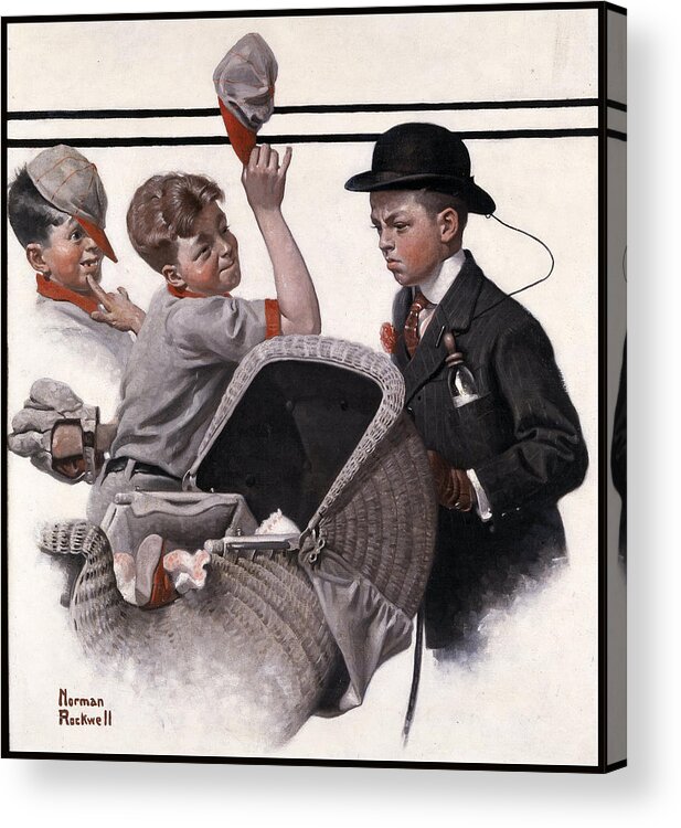 Boy With Baby Carriage Acrylic Print featuring the painting Boy With Baby Carriage #2 by Norman Rockwell