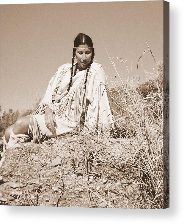 Indian Buckskins Sad Braids Native American Acrylic Print featuring the photograph Quiet Time - Sepia #1 by Cindy New