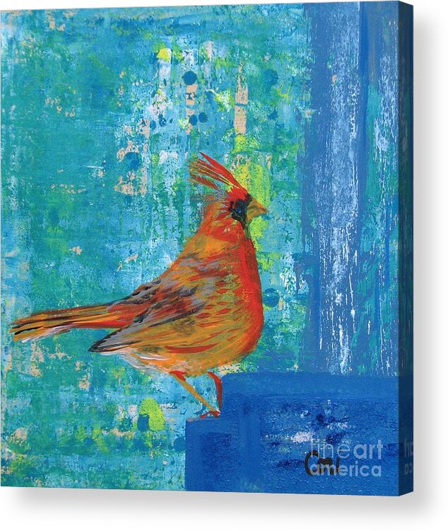 Cardinal Acrylic Print featuring the painting A Cardinal Came By by Corinne Carroll
