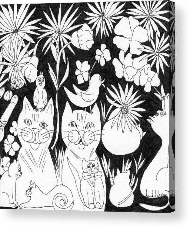 Cats Acrylic Print featuring the drawing Cats in the Garden by Lou Belcher
