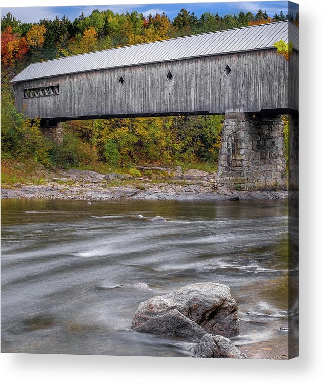 Covered Bridges In Vermont Acrylic Print featuring the photograph Covered Bridge In Vermont with Fall Foliage by Robert Bellomy