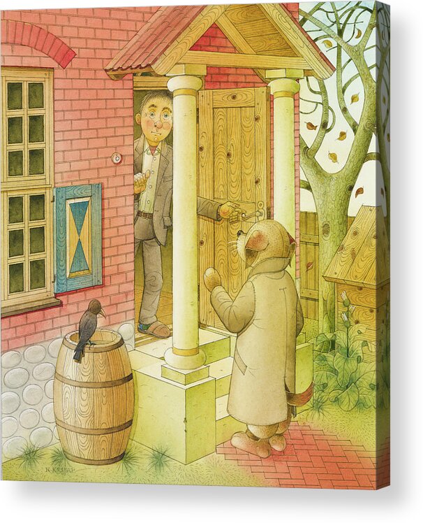 Dog Life Animals House Tree Illustration Book Drawing Children Autumn Red Acrylic Print featuring the painting Dogs Life03 by Kestutis Kasparavicius