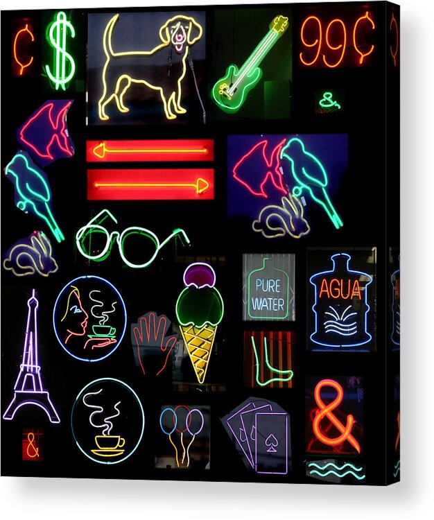 10th Framed Prints Acrylic Print featuring the photograph Neon Sign Series With Symbols Of Various Shapes And Colors by Mike Ledray