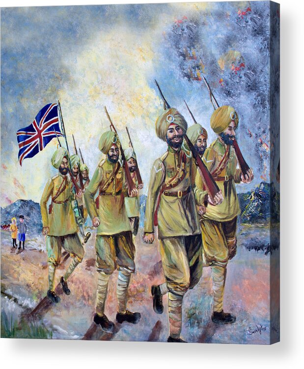 #sikhs Acrylic Print featuring the painting Sikh soldiers in France WW1 by Sarabjit Singh