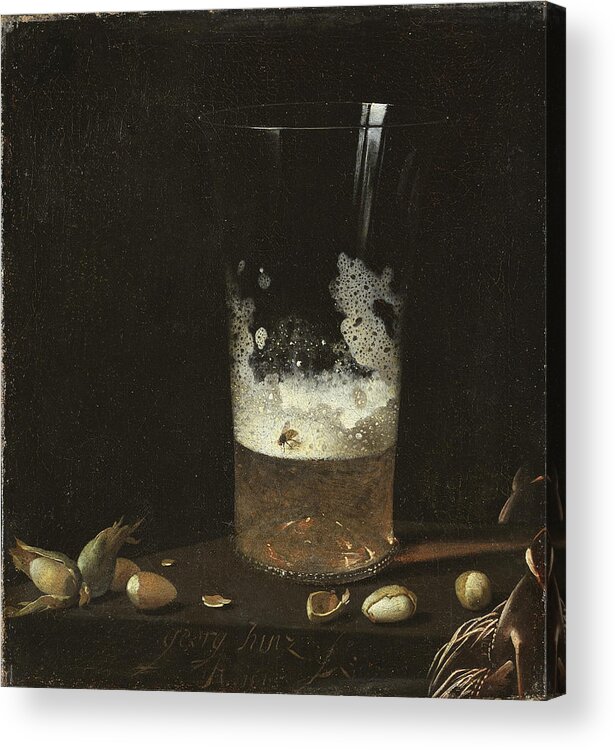 Johann Georg Hainz Acrylic Print featuring the painting Still Life with a Glass of Beer and Nuts by Johann Georg Hainz