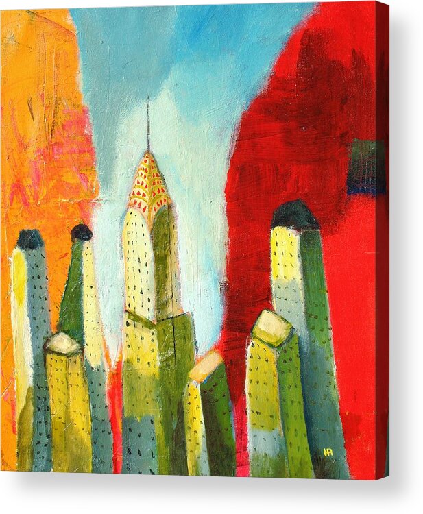 Abstract Cityscape Acrylic Print featuring the painting The chrysler building in colors by Habib Ayat
