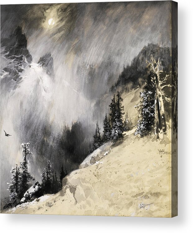 Thomas Moran Acrylic Print featuring the painting The falling flakes mountain scene. Yosemite a mountain snowfall by Thomas Moran