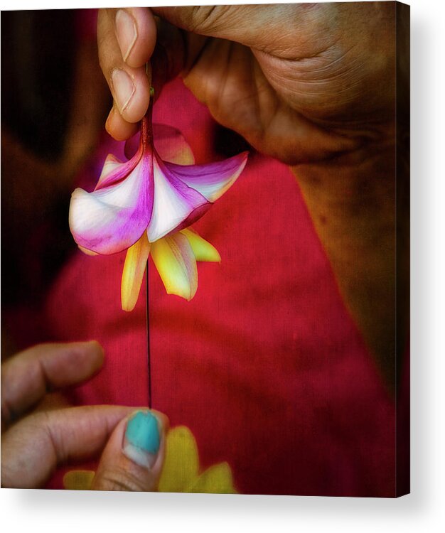 Lei Acrylic Print featuring the photograph The Lei Maker's Hands by Jade Moon