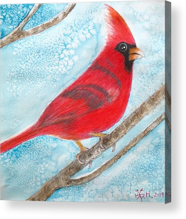 Red Bird Acrylic Print featuring the mixed media A red bird by Wonju Hulse