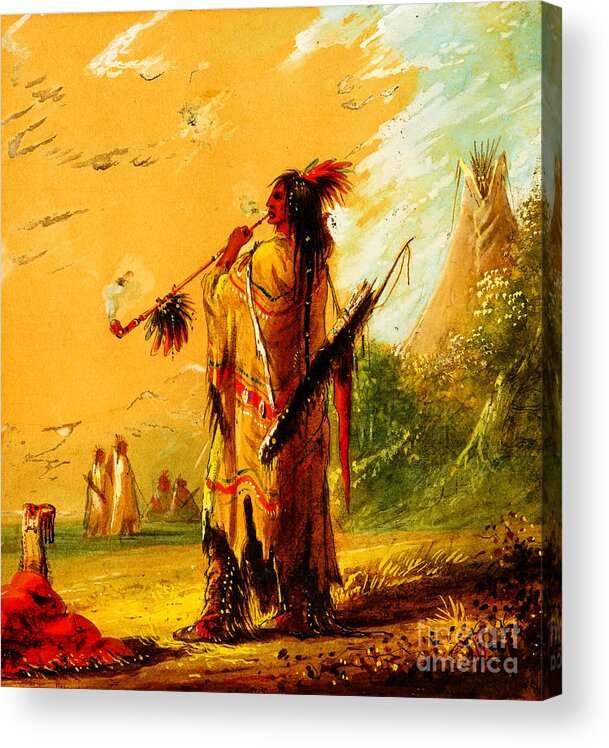 A Shoshone Indian Smoking Acrylic Print featuring the painting A Shoshone Indian Smoking by Peter Ogden