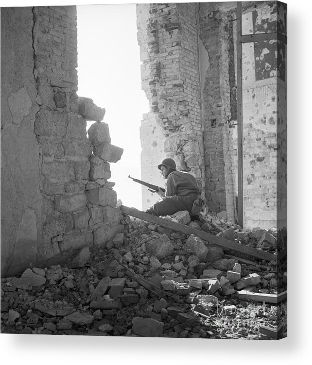 Rubble Acrylic Print featuring the photograph American Sniper Looking For Germans by Bettmann