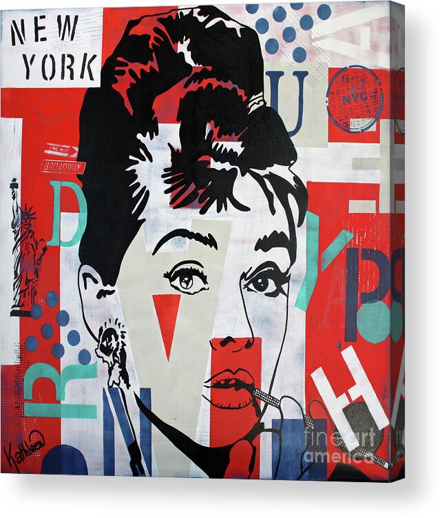Audrey Hepburn Acrylic Print featuring the painting Audrey Hepburn NYC by Kathleen Artist PRO