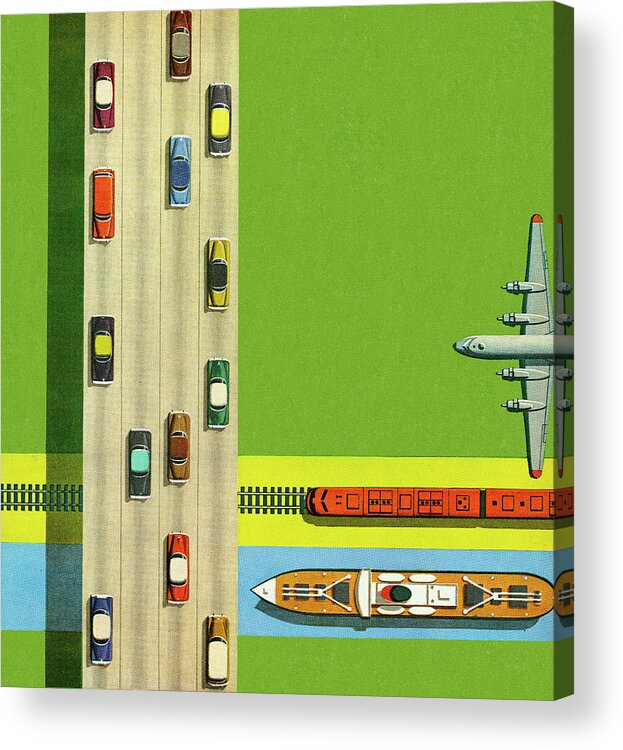 Activity Acrylic Print featuring the drawing Cars, Boat, Train, and Airplane by CSA Images