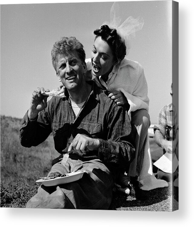 Outdoors Acrylic Print featuring the photograph Kirk Douglas & Ruth Roman On The Set Of 'Champion' by Peter Stackpole