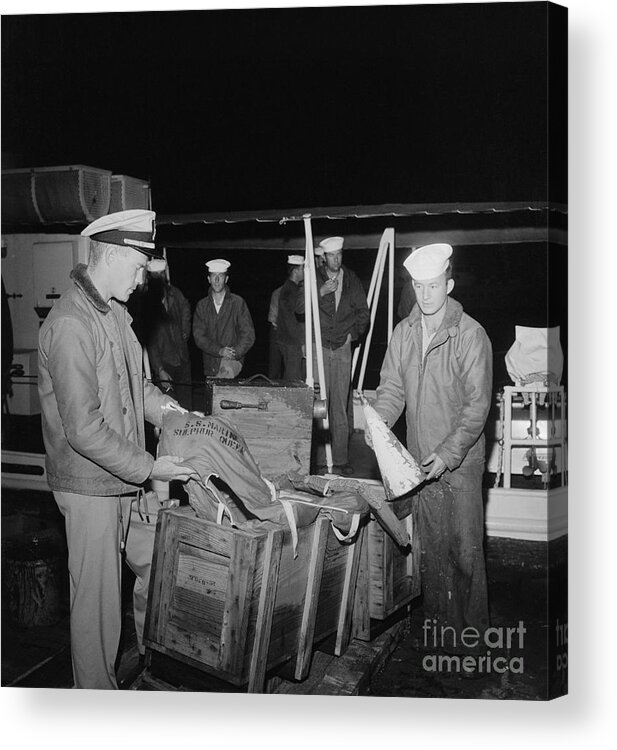 People Acrylic Print featuring the photograph Marines Look At Life Preservers by Bettmann
